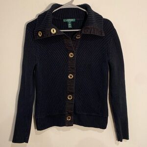 LAUREN Ralph Lauren Black Sweater Gold Hardware Button Front Size M